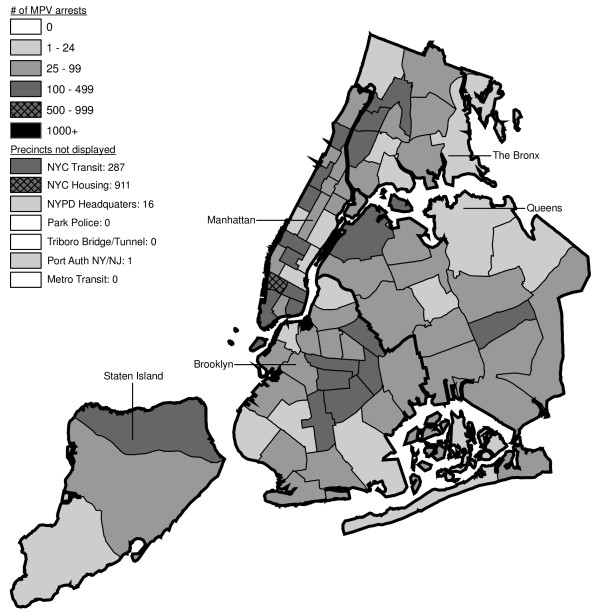 Marijuana in Public View Arrests by NYPD Precinct in 1996 (n = 8,377).