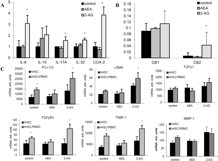 ECs affect inflammatory and fibrogenic hepatic cells activities. (A) Inflammatory cytokines mRNA and (B) CB1 and CB2 mRNA in human hepatocytes by 2.5 µM AEA and 20 µM 2-AG; (C) Fibrosis-related mRNA in hHSC and hHSC co-cultivated with PBMC from CHC patients by 2.5 µM AEA and 20 µM 2-AG. * p < 0.05 vs corresponding non-treated control.