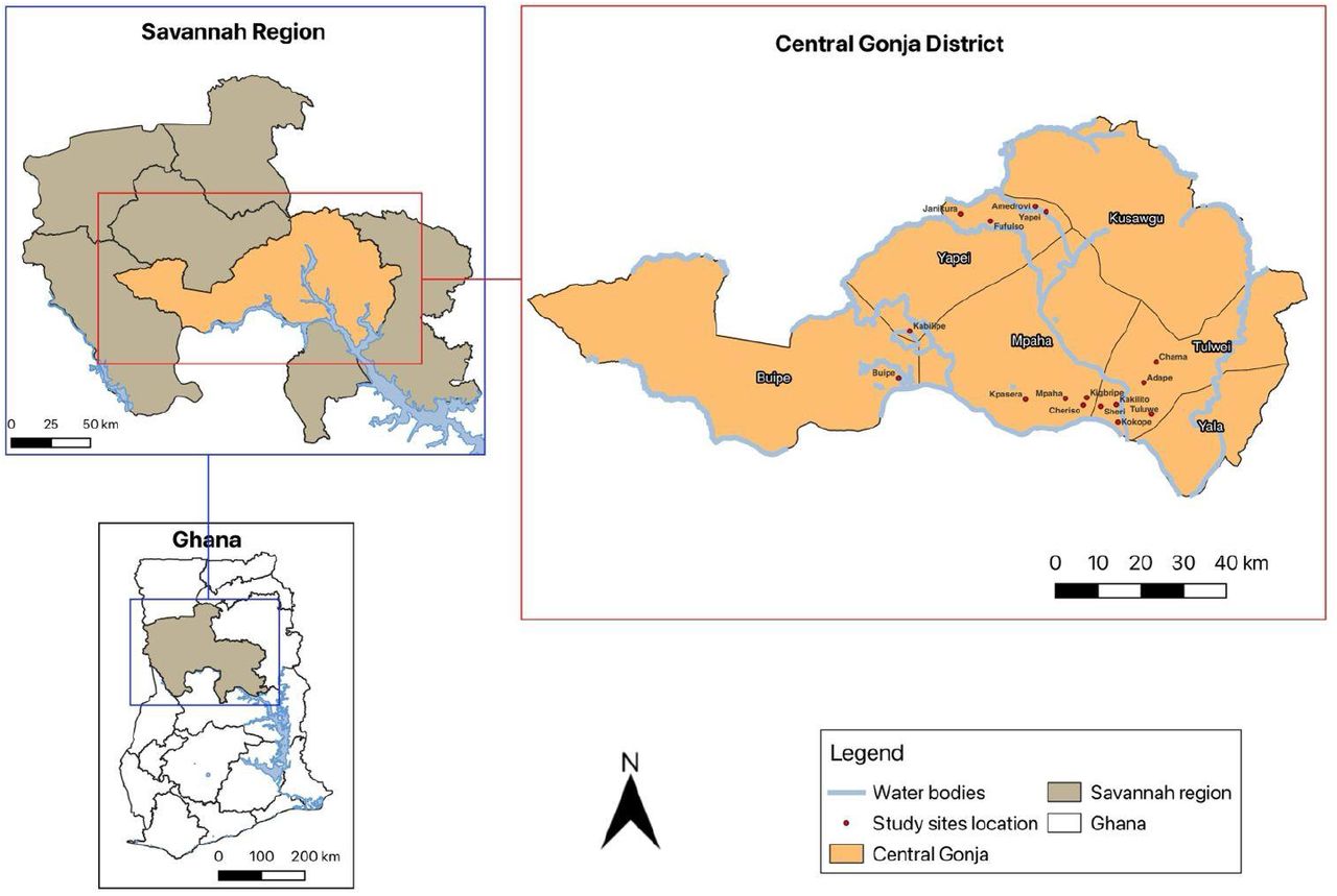 Picture showing the study sites in the central Gonja district of the savannah region in Ghana.