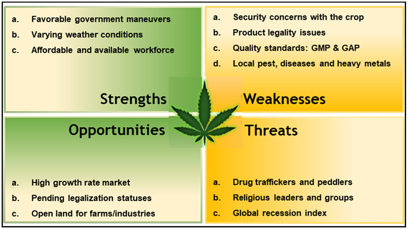 Strengths Weaknesses Opportunities and Threats (SWOT) analysis on setting up the Cannabis industry in Africa highlighted during Global Health Catalyst summits. GAP - good agricultural practice; GMP – good manufacturing practice.