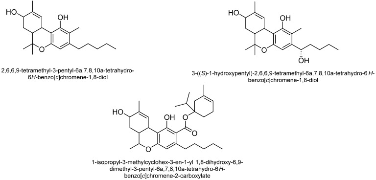 Structures of cannabinol (CBN) type cannabinoid.
