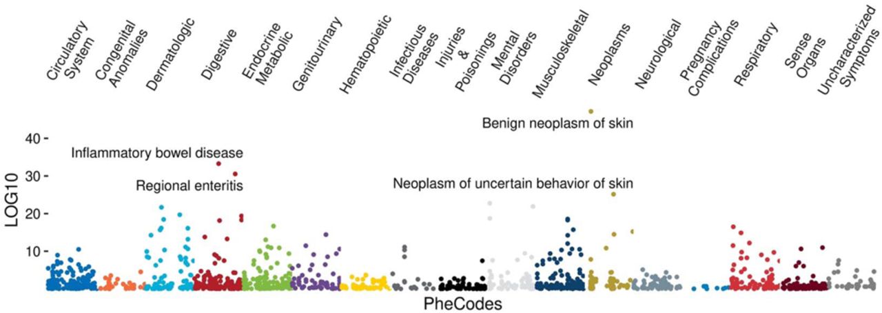 Phenome wide association analysis for cluster 4Each dot represents the association results based on PheCodes. We examined the relationship between membership in genetic cluster 4 of the MGBB biobank and PheCodes outcomes. This association was assessed using a logistic regression model, adjusted for age and sex. MGBB, Mass General Brigham Biobank.