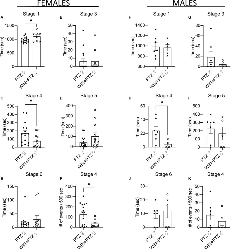 Effect of WIN on PTZ-induced convulsions. (A–E) Seizure duration in females (PTZ: n = 16 for stages 1, 3, 4, 5; and n = 17 for stage 6. WIN + PTZ: n = 8, 10, 11, 12, 11 for stages 1, 3, 4, 5, 6, respectively). (F) Number of times that female rats reach stage 4 in the first 500 s (PTZ n = 9, WIN + PTZ, n = 8). (F–J) Seizure duration in males (PTZ: n = 7 for all stages. WIN + PTZ: n = 5 for stages 1, 3, 5, 6; n = 4 for stage 4). (K) Number of times that male rats reach stage 4 in the first 500 s (PTZ n = 7, WIN + PTZ, n = 5). *p < 0.05, t-test.