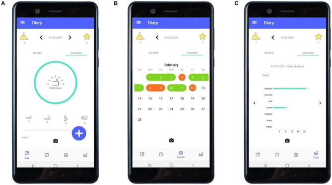 “Diary”: feedback about consumption. (A) Feedback following an entry of a day not having used cannabis. (B) The calendar providing an overview of a user's recorded use of cannabis. (C) The statistics section providing an overview of the user's recorded mood while having used cannabis.