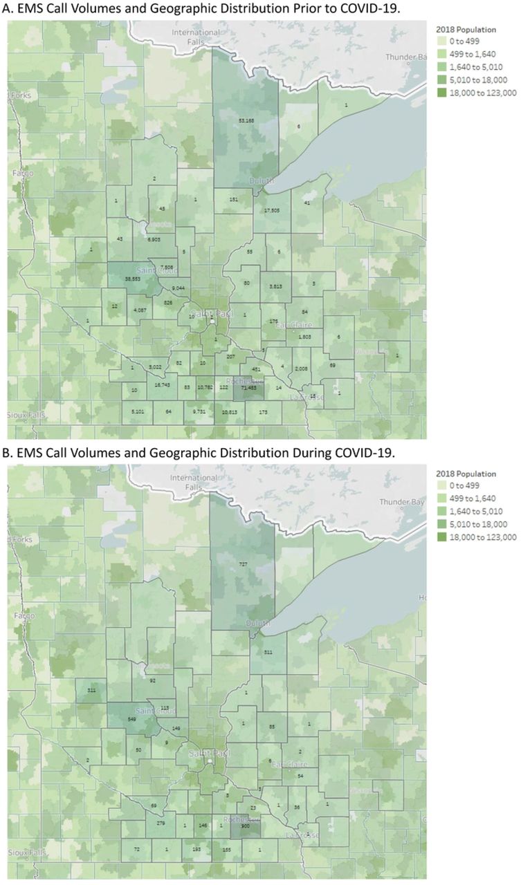 Volumes and Geographic Distributions of EMS Calls Before and During the COVID-19 Pandemic.Population data are mapped by ZIP code as of 2018, while EMS call volume data are shown by county.