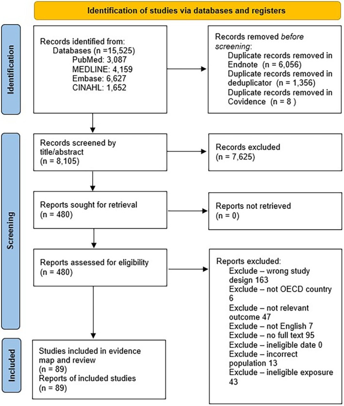 This PRISMA flow diagram depicts the number of documents identified through the search and screen process. There were 8105 citations identified for title and abstract screening in Covidence. There were 480 citations for full‐text review, with 391 studies excluded. A total of 89 reports were then included in this review.