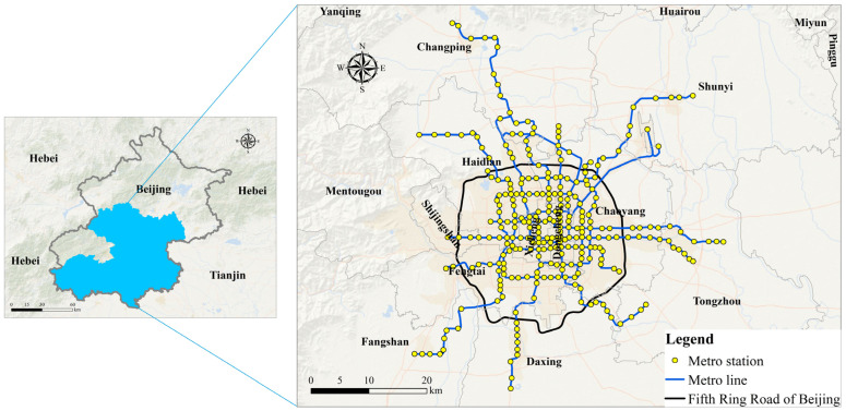 The location of Beijing, and the spatial distribution of metro stations, metro lines, and fifth ring road in the urban area of Beijing.