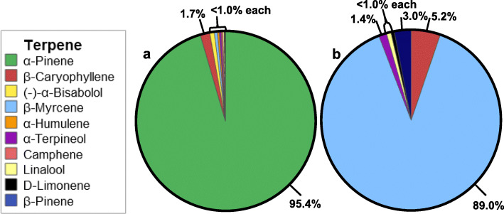 Terpene profile of aged one-month DjG samples stored in the presence of α-pinene (a) and β-myrcene (b) “isolates”