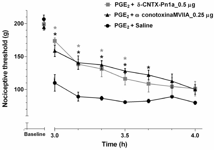 Antinociceptive effect of δ-CNTX-Pn1a and ω-conotoxin MVIIA following prostaglandin E2-induced hyperalgesia. Rats received 0.5 µg of δ-CNTX-Pn1a (0.1 nmol) or 0.25 µg ω-conotoxin MVIIA (0.1 nmol) or saline (control) through intrathecal administration 2 h and 55 min after intraplantar injection of prostaglandin E2 (PGE2) (2 µg/paw). Nociceptive threshold was measured every 10 min, starting 5 min after toxin or saline injections. Each symbol represents MEAN ± SEM. n = 4 rats per group. Data were analyzed using ANOVA and Bonferroni post-test. * p < 0.05 compared to PGE2 + Saline.