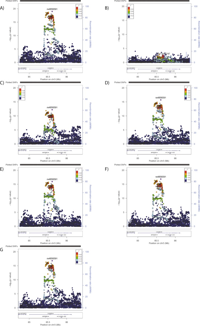 Regional plots for analyses of (A) risk-taking, conditioned on (B) risk-taking index SNP, (C) BMI index SNP, (D) SBP index SNP, (E) CRP index SNP, (F) mood instability index SNP, (G) neuroticism index SNP.