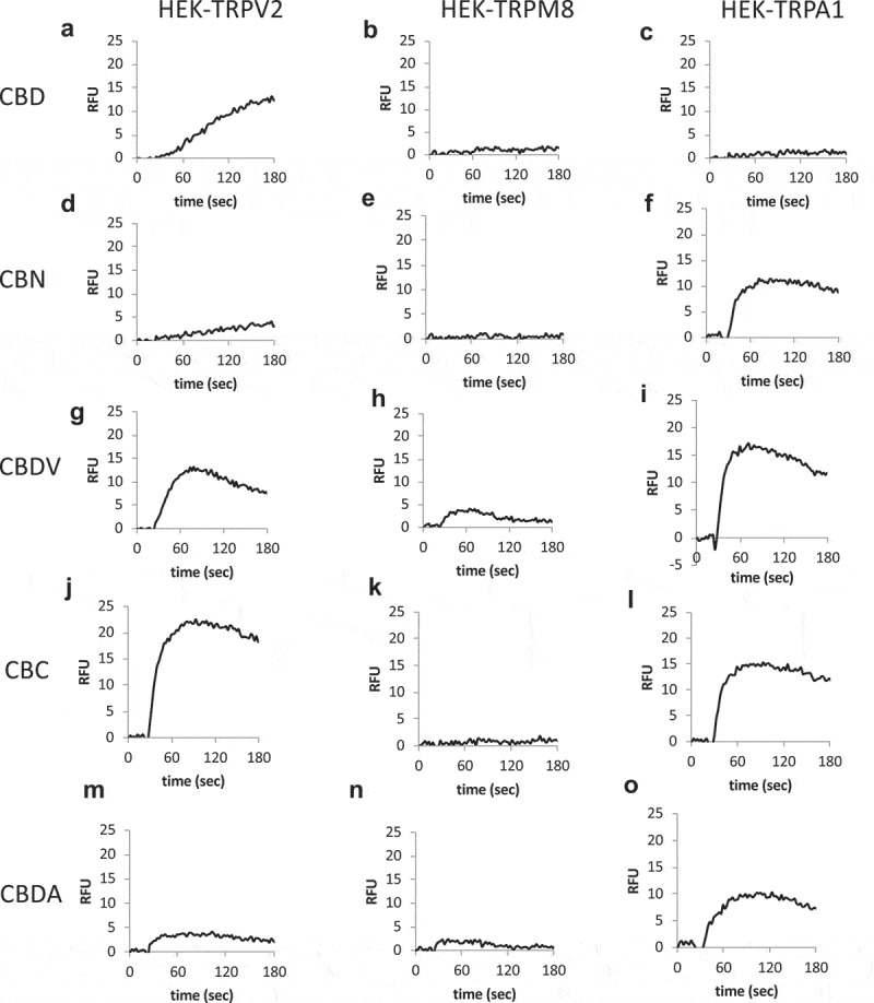 Cannabinoid responses in cells overexpressing nocioceptive TRPs. A-U.HEK-TRPV2, TRPA1, or TRPM8 expressing cells were loaded with Fluo-4 and population-based calcium assays were performed in a buffer containing 1mM external CaCl2. After establishing a baseline for 20 sec in the presence of a matched vehicle, cells were stimulated with the indicated cannabinoid at 10 μM. These are population-based (bulk Ca2+) measurements with each trace representing averaged triplicates of 100,000 cells per sample. V. Table 3. Summary data for Figure 8.