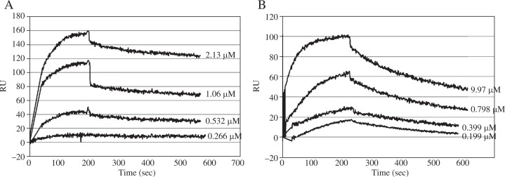 Association-dissociation curves of (A) pSh and (B) T72 with chip GLM immobilized A4