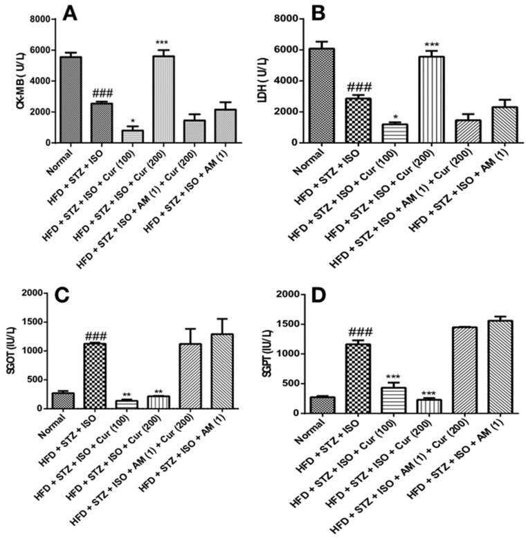Curcumin attenuated the cardiac integrity and liver injury markers in HFD-fed myocardial infarcted diabetic mice. (A) CK-MB; (B) LDH; (C) SGOT; (D) SGPT. The data were expressed as mean ± SEM and analyzed using one-way analysis of variance (ANOVA) followed by Bonferroni’s post hoc test. ### p < 0.001 vs. normal; * p < 0.05, ** p < 0.01, *** p < 0.001 vs. HFD + STZ + ISO. AM: AM630; CK-MB: Creatine kinase-MB; Cur: Curcumin; HFD: High-fat diet; ISO: Isoproterenol; LDH: Lactate dehydrogenase; SGOT: Serum glutamic-oxalacetic transaminase; SGPT: Serum glutamic pyruvic transaminase; STZ: Streptozotocin.