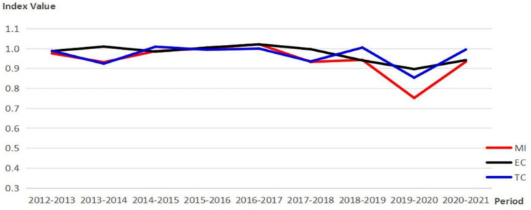 Changes and decomposition of the Malmquist Index.
