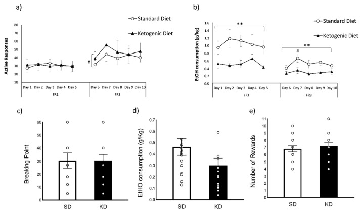 Oral EtOH self-administration (SD n = 15; KD n = 16). (a) The dots represent means and the vertical lines ± SEM of the amount of the number of active responses and (b) the volume of 6% EtOH consumption during FR1 and FR3 (in g/kg). (c) The columns represent means and the vertical lines ± SEM of breaking point values (d) the volume of 6% EtOH consumption (in g/kg) and (e) the number of rewards obtained during PR. ** p < 0.01, significant difference with respect to the SD group. # p < 0.05, significant differences with respect to Day 7.