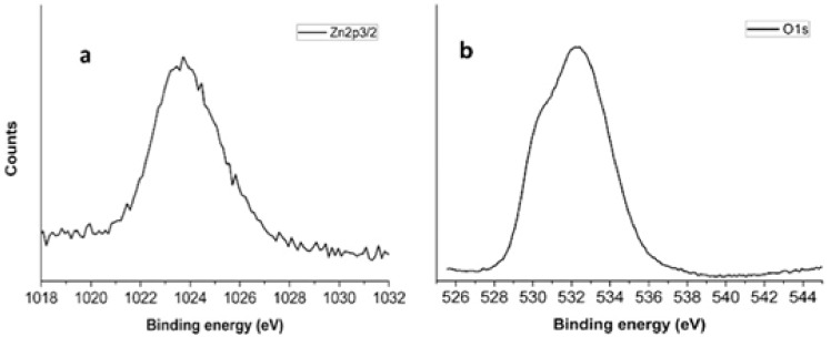 Zn 2p3/2 (a) and O1s (b) XPS peaks related to ZnO grown on PES mats by CBD.