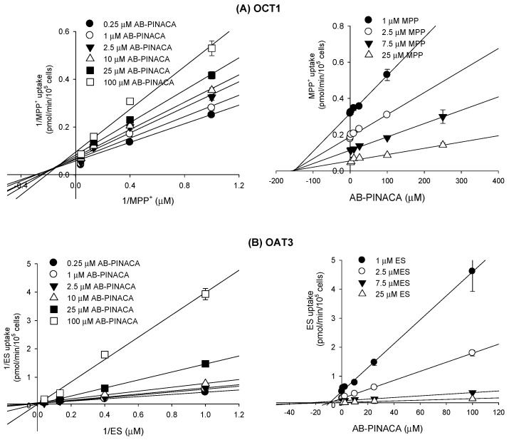 Lineweaver–Burk (left panel) and Dixon (right panel) plots for the inhibitory effects of AB-PINACA (0.25–100 μM) on (A) OCT1-mediated 3H-methyl-4-phenylpyridinium (MPP+) uptake and (B) OAT3-mediated 3H-esrone-3-sulfate (ES) uptake in the presence of varying concentrations of MPP+ or 3H-estrone-3-sulfate (1, 2.5, 7.5, and 25 μM each) in HEK293-OCT1 and HEK293-OAT3 cells, respectively. Each symbol represents the concentration of AB-PINACA. Data are means ± SD (n = 3).