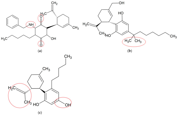 Chemical structures of three synthetic CBD derivatives, (a) VCE-004.8, (b) DMH-CBD and (c) Abn-CBD, which have shown anti-neuroinflammatory potentials. The structural modifications are highlighted by red circles.