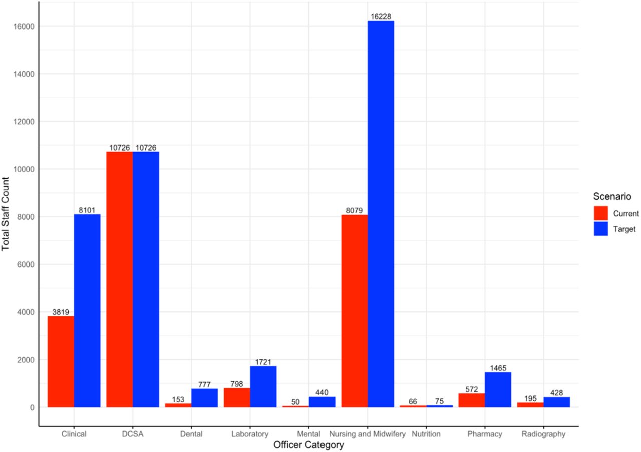 Bar graph showing the distribution of total staff counts across different officer categories within Malawi’s healthcare system.