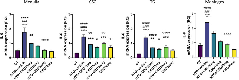 IL-6 gene expression (expressed as relative quantification (RQ)) in medulla in toto, cervical spinal cord (CSC) and Trigeminal ganglion (TG) ipsilateral to formalin injection and in meninges in the acute migraine model. Data were normally distributed and were analyzed using one-way ANOVA followed by Tukey's multiple comparisons test: *p < 0.05, **p < 0.01, ***p < 0.001 and ****p < 0.0001 vs. CT; °°p < 0.01 and °°°°p < 0.0001 vs. NTG; ###p < 0.001 and ####p < 0.0001 vs. CBD 15 mg; ^^^^ p < 0.0001 vs. CBD 30 mg. Data are expressed as mean ± SEM, N = 7–8 per group