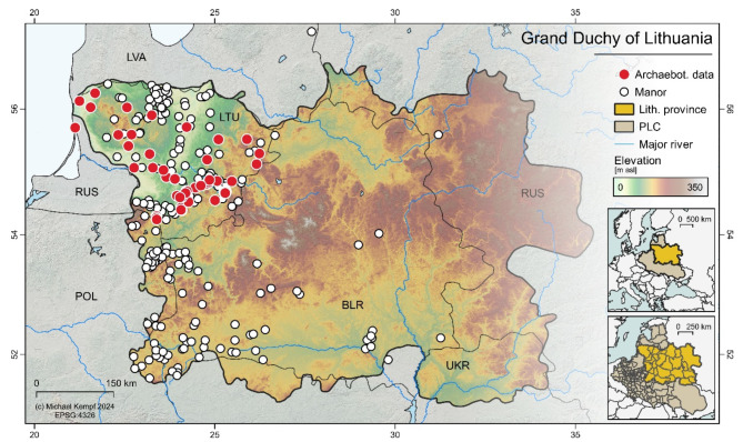 Geographical location of the historical Grand Duchy of Lithuania within the European context (PLC, Polish-Lithuanian Commonwealth). The map shows the study area (Lithuanian Province of the PLC), including the locations of manors where historical data (1500–1800 AD) was analysed and the archaeobotanical sample sites. Digital elevation model derived from SRTM90 v4.122. This map is produced using QGIS 3.10.12 (QGIS Geographic Information System. QGIS Association. http://www.qgis.org (2024)).