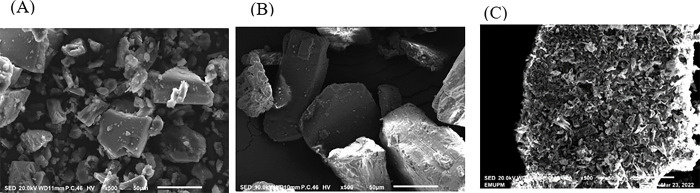 SEM photographs.(A) THC, (B) βCD and (C) βCD-THC inclusion complex was observed under 500x magnification.