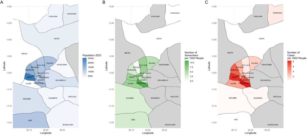 (A) reports population density (2023) per health area in Kamituga health zone, between September 29th, 2023 and April 21st, 2024, South-Kivu, DRC, (B) reports number of sex workers per 1000 inhabitants, (C) reports number of mpox cases per 1000 inhabitants. Gray areas do not have any recorded population (A), sex workers (B), or have not reported any cases (C).