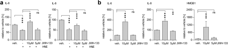 JWH-133 stimulated an inflammatory response in ARPE-19 cells. Treatment of cells with 10 µM JWH-133 led to increased secretion of IL-6, IL-8 to the cell culture medium after HNE treatment (a). This increase was comparable also in the absence of HNE, where JWH-133 by itself increased IL-6, IL-8, and HMGB1 levels (b). Results are shown as mean ± SEM and combined from 3 independent repetitions with 3–4 parallels per group. ns denotes not statistically significant, ***denotes P < 0.001; Mann–Whitney U-test.