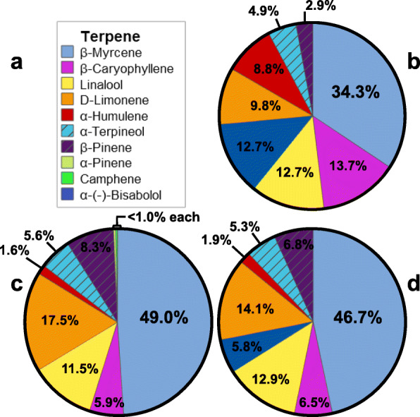 a Terpene key, b terpene profile of the external terpene mixture, c aged one-year DjG inflorescence, and d aged one-month DjG inflorescence after 4 weeks in the presence of the mixture
