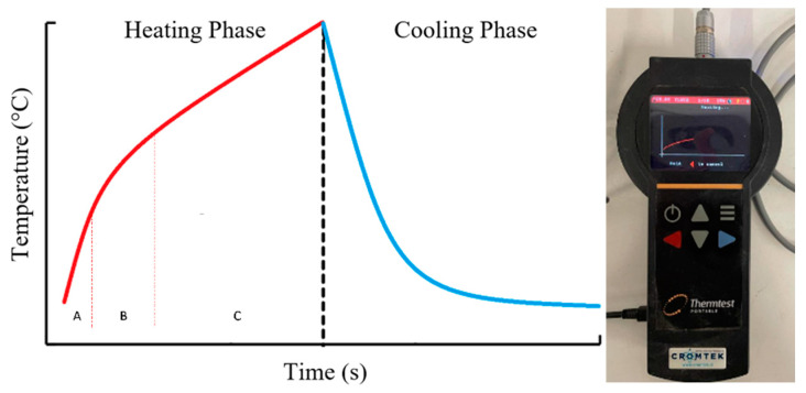 Typical form of the temperature versus time graph for the simple needle test. Heating and cooling phase equipment.