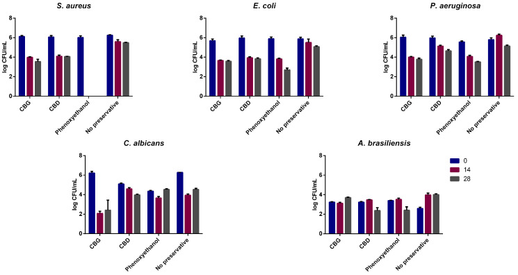 Results for the challenge test for the three bacteria and two fungi tested. These are described in log CFU/mL at 1, 14, and 28 days’ time points. Phenoxyethanol was used as a positive control. A formulation with no preservative was also tested. Data are n = 2 independent experiments and represented by mean log CFU ± SD.