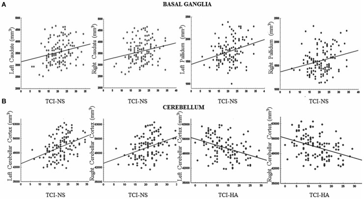 Relationship between basal ganglia and cerebellar volumes and TCI scores. (A) The volumes of the bilateral caudate and pallidum were positively associated with Novelty Seeking (NS) scores. (B) The volumes of the cerebellar cortex were positively associated with NS scores and negatively with Harm Avoidance (HA) scores. Scatterplots are separated for left and right volumes. Linear fits (solid black lines) are reported.