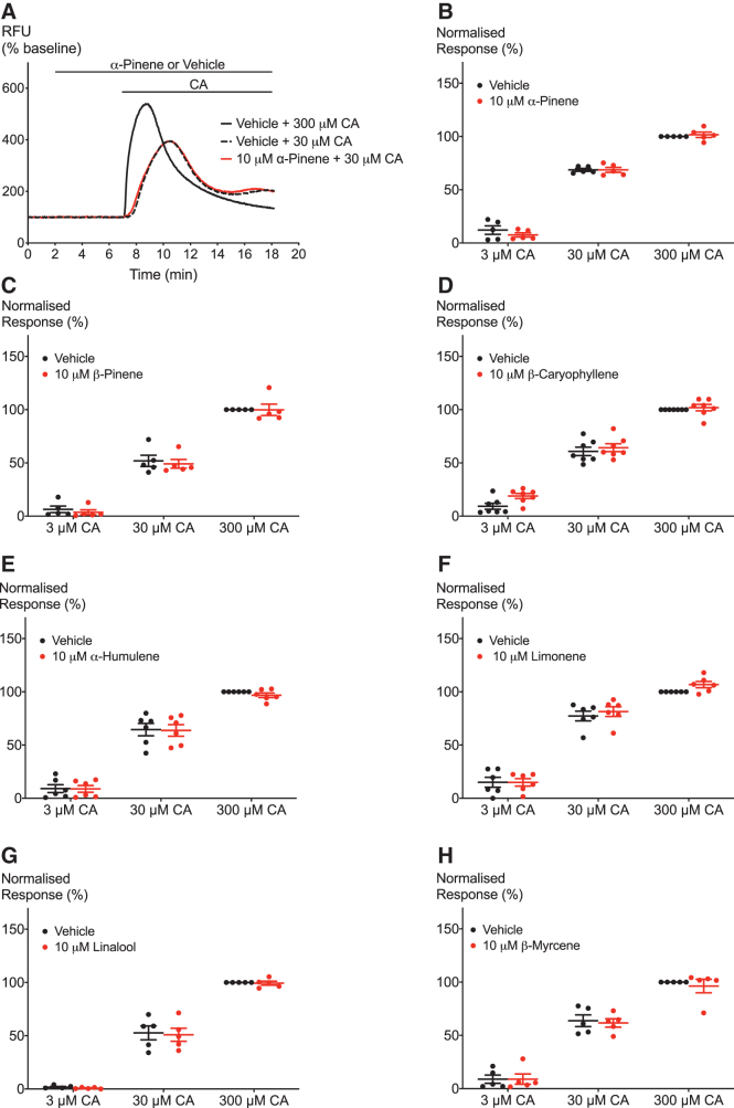 Effect of terpenoids on CA-induced hTRPA1 activation. (A) Representative trace showing the effect of preincubation with 10 μM α-pinene on activation of hTRPA1 by CA. (B–H) Terpenoids do not affect the activation of hTRPA1 by one maximal and two submaximal concentrations of CA. Two-way ANOVA with Bonferroni's post hoc analysis performed on raw data expressed as % change fluorescence, N=5–7, mean±SEM. Data presented as % of maximum CA (300 μM) response. Drugs were added for the duration of the bar. ANOVA, analysis of variance.