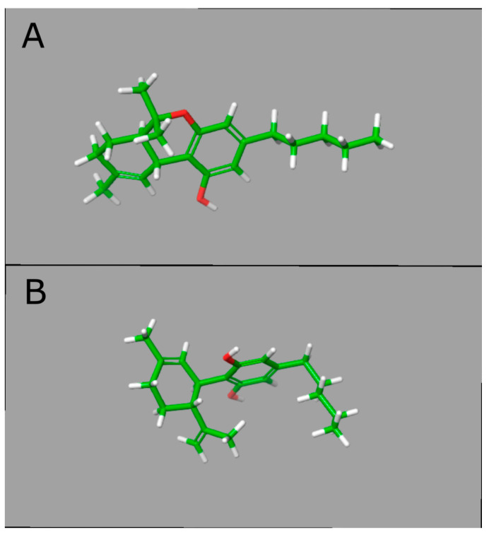 A 3D structural representation of tetrahydrocannabinol (THC) and cannabidiol (CBD). In panel (A) (top), the lowest energy conformation of THC is represented, and, in panel (B) (bottom), the lowest energy conformation of CBD. The 2D structures were retrieved from PDB with the following IDs: TCI for THC and P0T for CBD. The energy minimization and conformer generation were performed in LigPrep in Maestro-Suite v.11.2—Schrödinger. The structures were represented in Licorice model with carbon atoms represented in green, oxygens in red and hydrogens in white. Abbreviations: THC, tetrahydrocannabinol; CBD, cannabidiol; PDB, protein data bank.