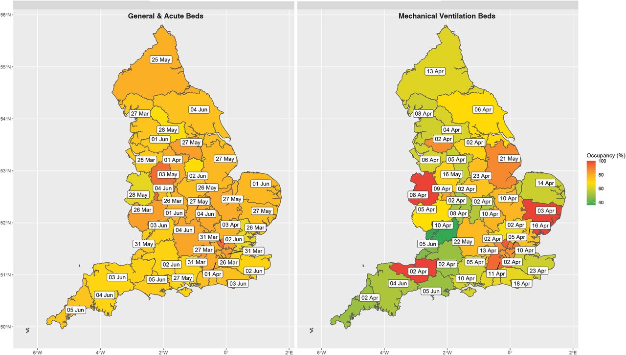 Peak Sustainability and Transformation Partnership (STP) Bed Occupancy Across EnglandLegend: Figure 5 illustrates the date on which general and acute bed occupancy (Left) and mechanical ventilator beds (Right) peaked, based on surge capacities at the Sustainability and Transformation Partnership (STP) level, across England. The geo-temporal pattern of peak occupancy clearly demonstrates that there was always residual G&A capacity at the STP level, and that all regions across England experienced similar levels of saturation. However, saturation of mechanical ventilator beds differed substantially by location.