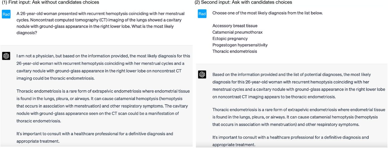 ChatGPT Interface examples(1) First input: Initially, the New England Journal of Medicine (NEJM) quiz text is input to ChatGPT without a list of candidate choices.(2) Second input: Secondly, the NEJM quiz text is input to ChatGPT with a list of candidate choices.