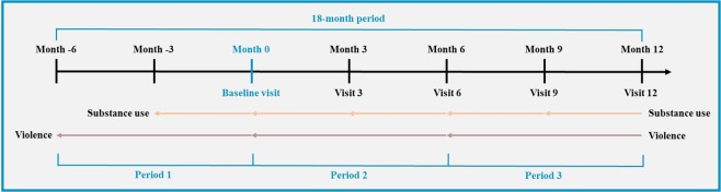 Timeline of the retrospective measurements of violence and substance use.Substance use was assessed every three months, whereas violence was assessed every 6 months. This study covered an 18-month period, from 6 months before the baseline to 12 months after the baseline. Visits 3 to 12: follow-up visits, taking place every 3 months. The three 6-month periods have been used for our analyses.