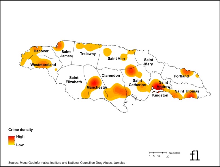 Crime density map, Jamaica 2015–2016.Geographic data source: Mona GIS, Jamaica. Published under a CC BY license, with permission from Mona GeoInformatics Institute, original copyright 2019.