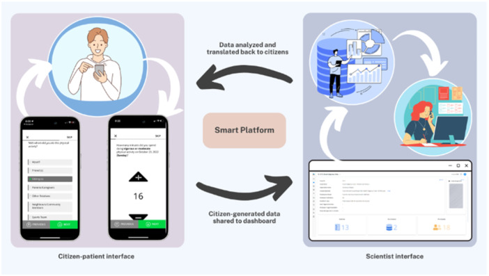 Flow of data between the citizen‐patient interface, digital dashboard, and scientist interface via the Smart Platform.