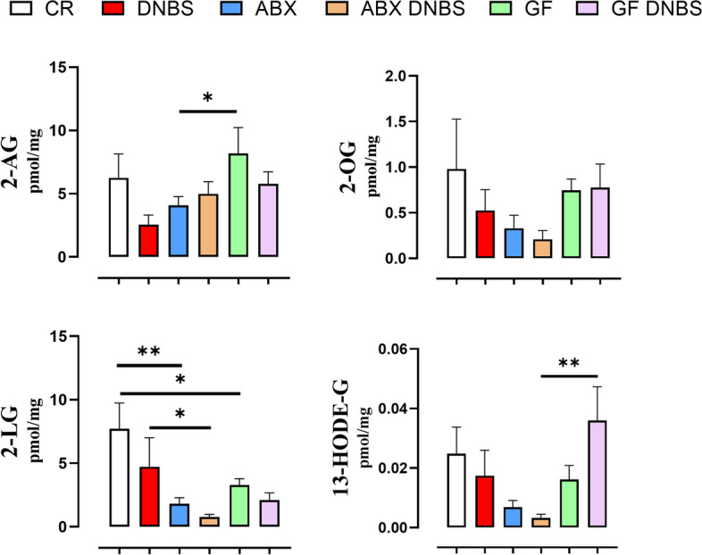 2-MAG, and 15-lipoxygenase 2-MAG derivative, levels in colon tissue from conventionally raised (CR), antibiotic-treated (ABX) and germ-free (GF) mice in healthy condition or under DNBS-induced inflammation. DNBS was rectally injected into the mouse colon at the dose of 120 mg/kg; ABX mice received an antibiotic cocktail (ampicillin, streptomycin and clindamycin 1 mg/mL each) starting 14 days before DNBS administration and for the whole length of the experiment. Mice were killed three days after DNBS administration. Data are expressed as mean ± SEM of pmol/mg of tissue from 6–8 mice for each experimental group. Data were statistically analyzed two-way ANOVA followed by the Fisher’s LSD test. *p < 0.05, **p < 0.01 and ***p < 0.001