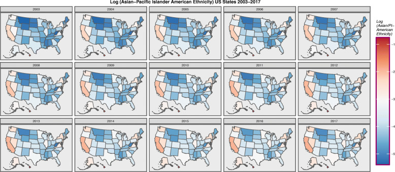Choropleth map of log(Asian-American Population) across USA by Year. Maps were drawn in ggplot2, sf and RColorBrewer