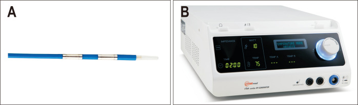 Equipment for intraductal-radiofrequency ablation (RFA). (A) RFA catheter. (B) RFA generator. Images from STARmed Co., Ltd.