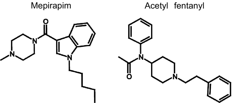 Structures of mepirapim and acetyl fentanyl