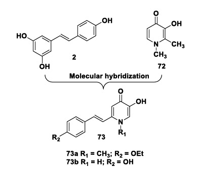 Molecular design of a new series of deferiprone-resveratrol hybrid compounds, with 73a and 73b identified as the most promising multifunctional antioxidant, metal chelating and Aβ-aggregation inhibitors.