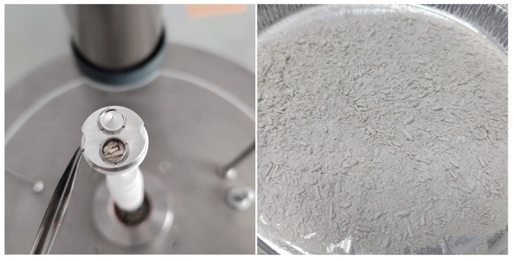 Hemp shiv sample in DSC crucible and example crushed sample of hemp-lime composite prepared for specific heat testing.