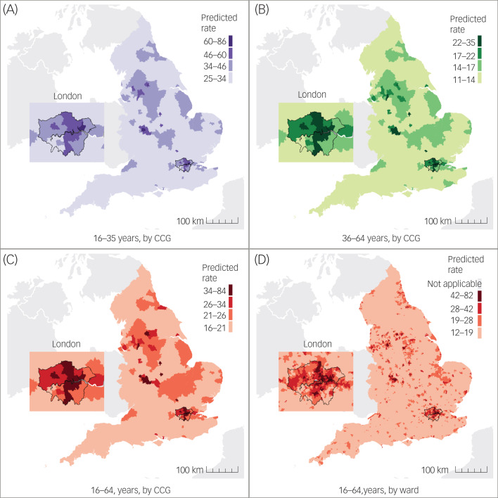 Visualisation of predicted incidence rates of FEP per 100 000 person-years by age and geographical level in England, 2020. Predicted incidence rate per 100 000 person-years at the CCG level for people aged (A) 16–35 years, (B) 36–64 years, (C) 16–64 years and (D) at ward level for people aged 16–64 years. Predictions were not produced for five Census merged wards (Isles of Scilly [one ward] and all four wards within City of London) because of inaccurate population estimates, and values are not shown in (D). CCC, Clinical Commissioning Group; FEP, first-episode psychosis.