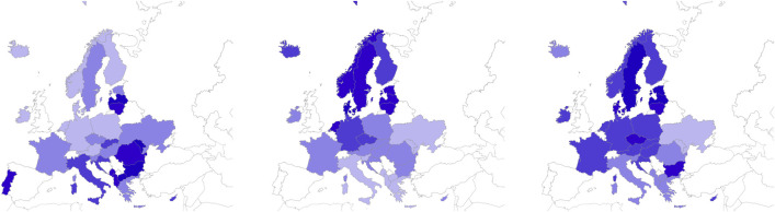 Heat maps based on the prevalence of the PPS (left), the AGT (middle) and the PGI. PPS = perceived problems scale. PPS = perceived problems scale; AGT = average gaming time; PGO = problem gaming indicator; dark blue indicates high values, light blue indicates low values, Source: 2015 ESPAD Survey
