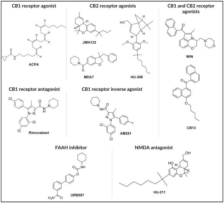 Chemical structures of representative synthetic cannabinoids and endocannabinoid modulators.