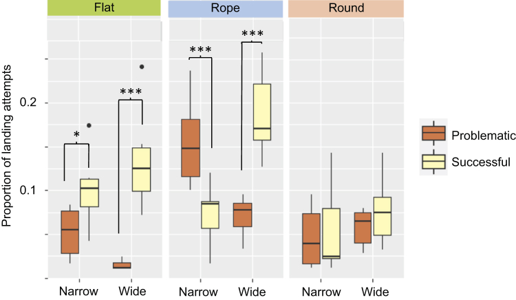 The boxplot shows the average proportion of a total of 472 landing attempts that were problematic or successful, on each of the 6 perch types; 2 widths (narrow and wide) and 3 shapes (flat, rope, and round). Asterisks indicate significant (P ≤ 0.05) differences between the 2 landing types within a perch type. Pairwise comparisons have been controlled for multiple comparisons using Tukey's method.
