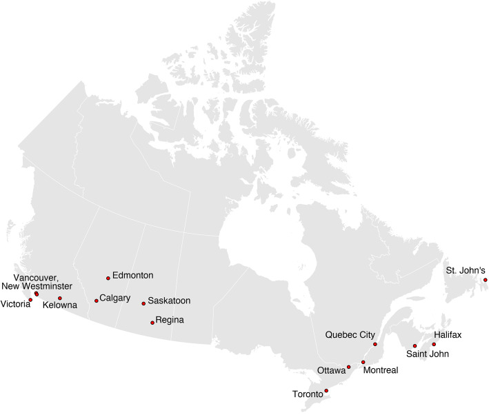 Map of the 15 sites participating in the national drug driving study across Canada*. The study is currently enrolling from 12 of these sites and has approvals in place at the other three. Additional sites may be added pending additional funding and appropriate approvals. *This figure was generated using open access boundary files available from Statistics Canada (Boundary Files, 2016 Census. Statistics Canada Catalogue no. 92–160-X; https://www150.statcan.gc.ca/n1/en/catalogue/92-160-X)